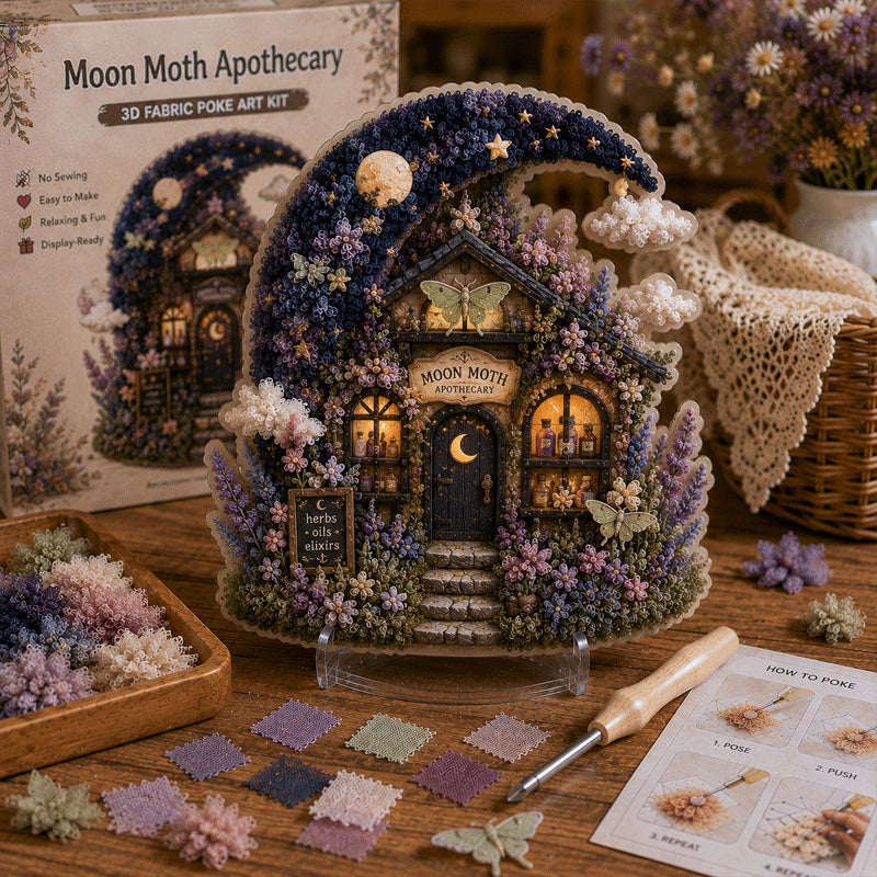🔥🏡 Whimsical Village 3D Fabric Poke Art Kit-No-Sew Fantasy Craft with Pre-Cut Fabric Squares, Poking Tool & Display Stand