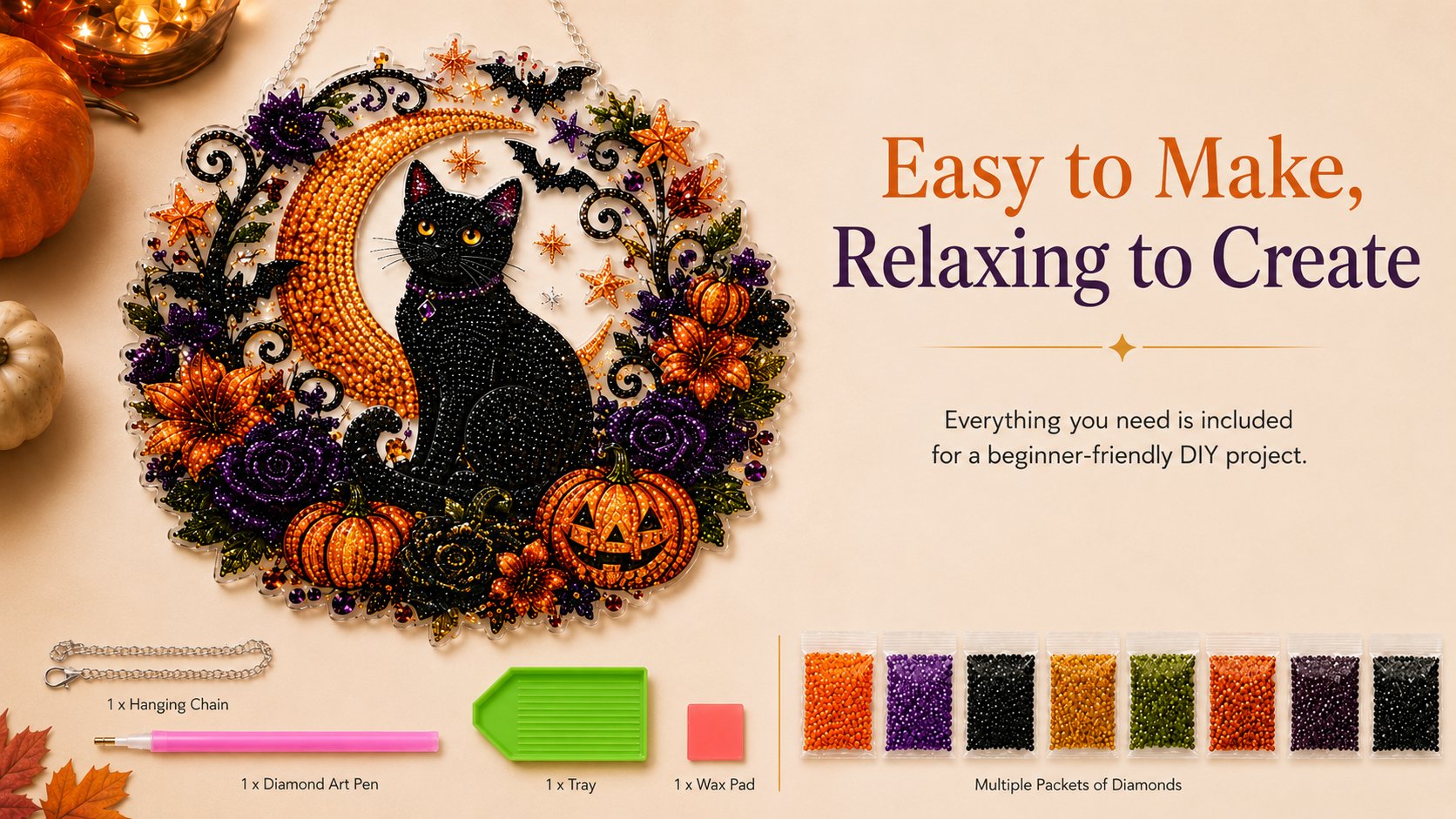 Black Cat Moon Diamond Art Hanging Ornament Kit – Relaxing DIY Halloween Craft 🎃💎 (📦Buy 2 Free Shipping)