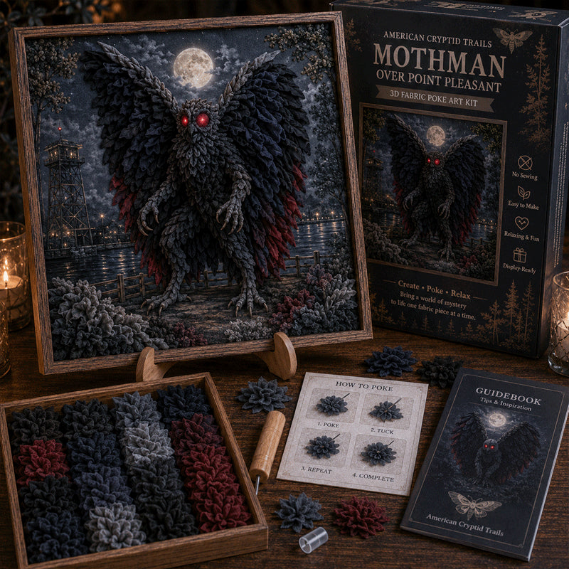 🔥🔦 American Cryptid Trails 3D Fabric Poke Art Kit🔥50% Off Last Day🔥No-Sew American Folklore Craft with Pre-Cut Fabric Squares, Poking Tool & Display Stand, Mothman Bigfoot Jackalope Cryptid Gift