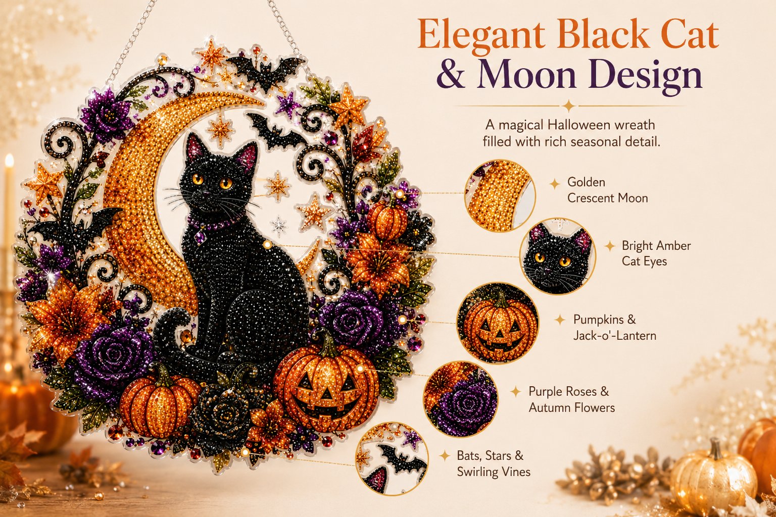 Black Cat Moon Diamond Art Hanging Ornament Kit – Relaxing DIY Halloween Craft 🎃💎 (📦Buy 2 Free Shipping)