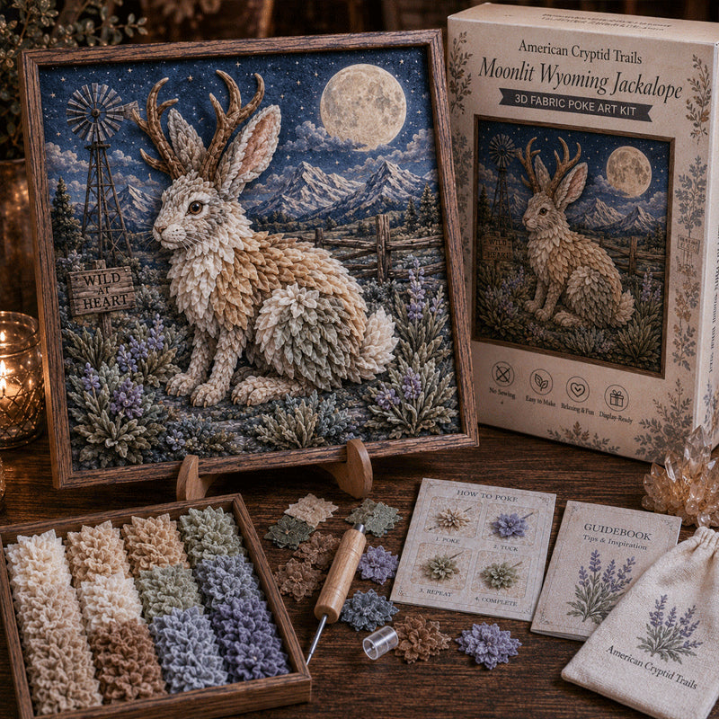 🔥🔦 American Cryptid Trails 3D Fabric Poke Art Kit🔥50% Off Last Day🔥No-Sew American Folklore Craft with Pre-Cut Fabric Squares, Poking Tool & Display Stand, Mothman Bigfoot Jackalope Cryptid Gift