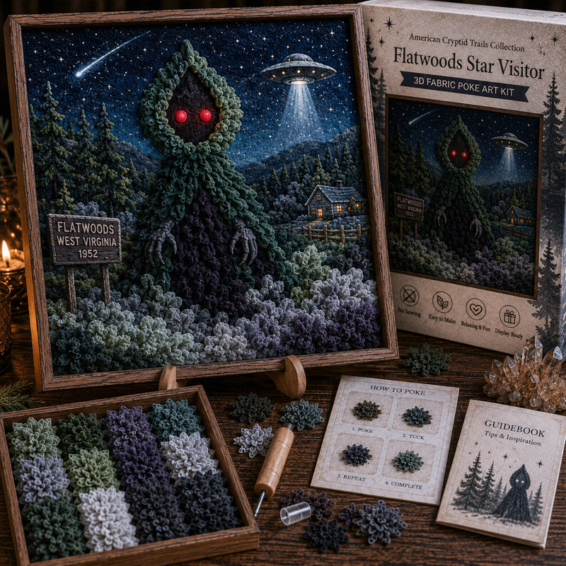 🔥🔦 American Cryptid Trails 3D Fabric Poke Art Kit🔥50% Off Last Day🔥No-Sew American Folklore Craft with Pre-Cut Fabric Squares, Poking Tool & Display Stand, Mothman Bigfoot Jackalope Cryptid Gift