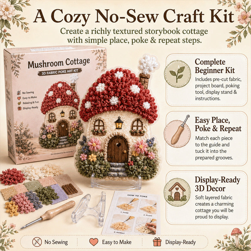 🔥🏡 Whimsical Village 3D Fabric Poke Art Kit-No-Sew Fantasy Craft with Pre-Cut Fabric Squares, Poking Tool & Display Stand