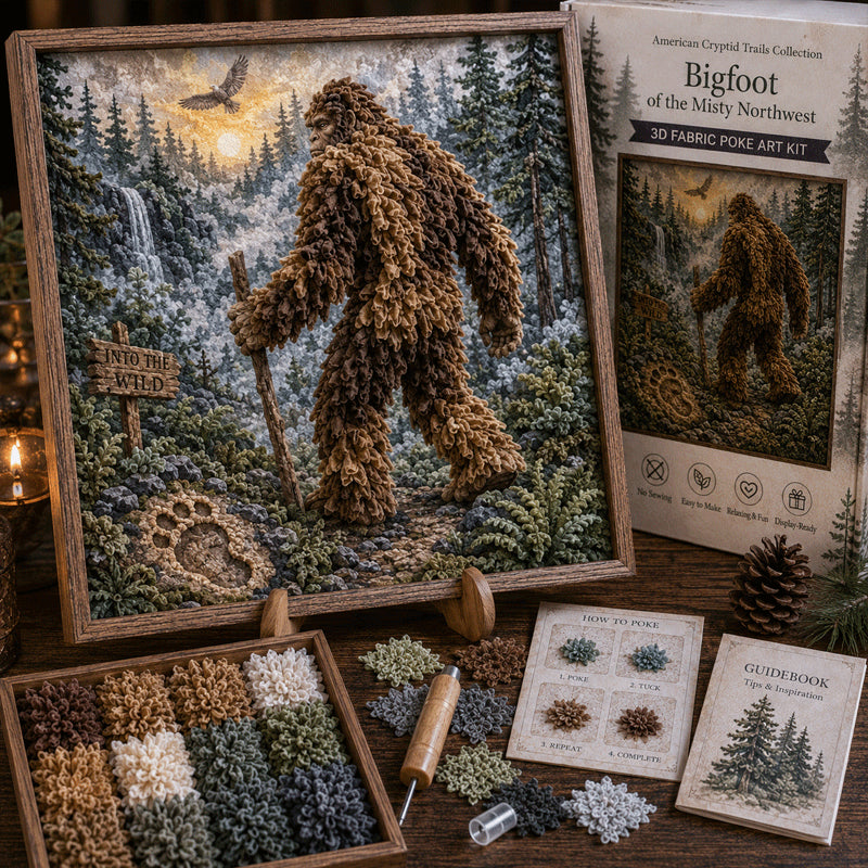 🔥🔦 American Cryptid Trails 3D Fabric Poke Art Kit🔥50% Off Last Day🔥No-Sew American Folklore Craft with Pre-Cut Fabric Squares, Poking Tool & Display Stand, Mothman Bigfoot Jackalope Cryptid Gift