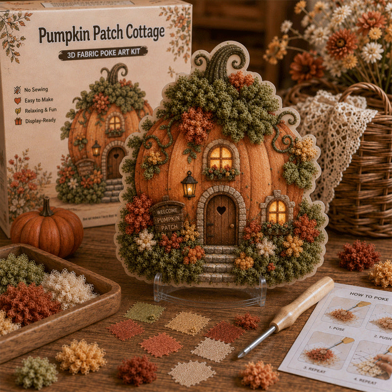 🔥🏡 Whimsical Village 3D Fabric Poke Art Kit-No-Sew Fantasy Craft with Pre-Cut Fabric Squares, Poking Tool & Display Stand
