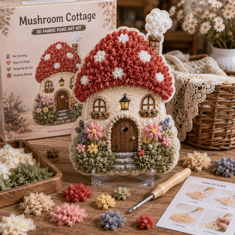 🔥🏡 Whimsical Village 3D Fabric Poke Art Kit-No-Sew Fantasy Craft with Pre-Cut Fabric Squares, Poking Tool & Display Stand