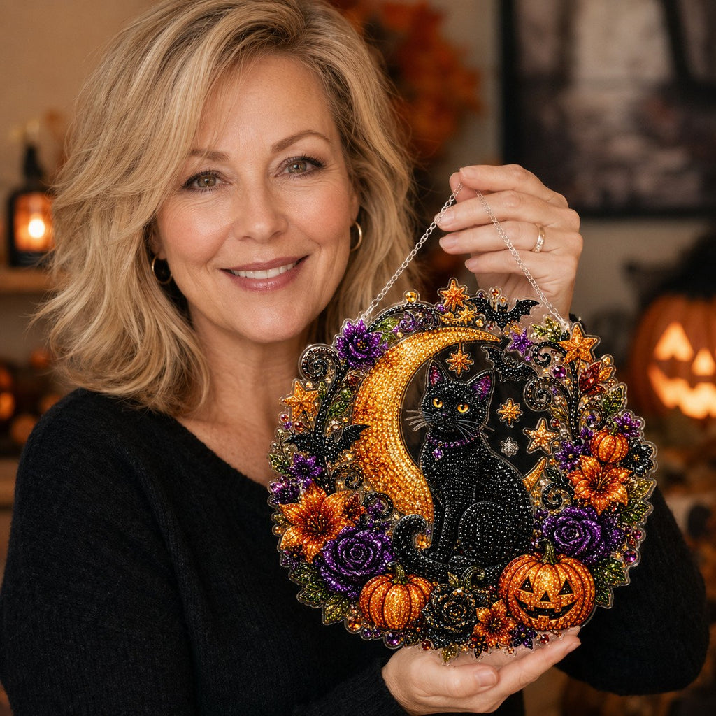 Black Cat Moon Diamond Art Hanging Ornament Kit – Relaxing DIY Halloween Craft 🎃💎 (📦Buy 2 Free Shipping)