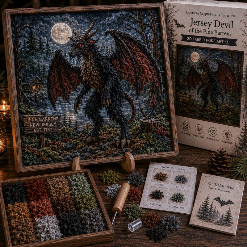🔥🔦 American Cryptid Trails 3D Fabric Poke Art Kit🔥50% Off Last Day🔥No-Sew American Folklore Craft with Pre-Cut Fabric Squares, Poking Tool & Display Stand, Mothman Bigfoot Jackalope Cryptid Gift