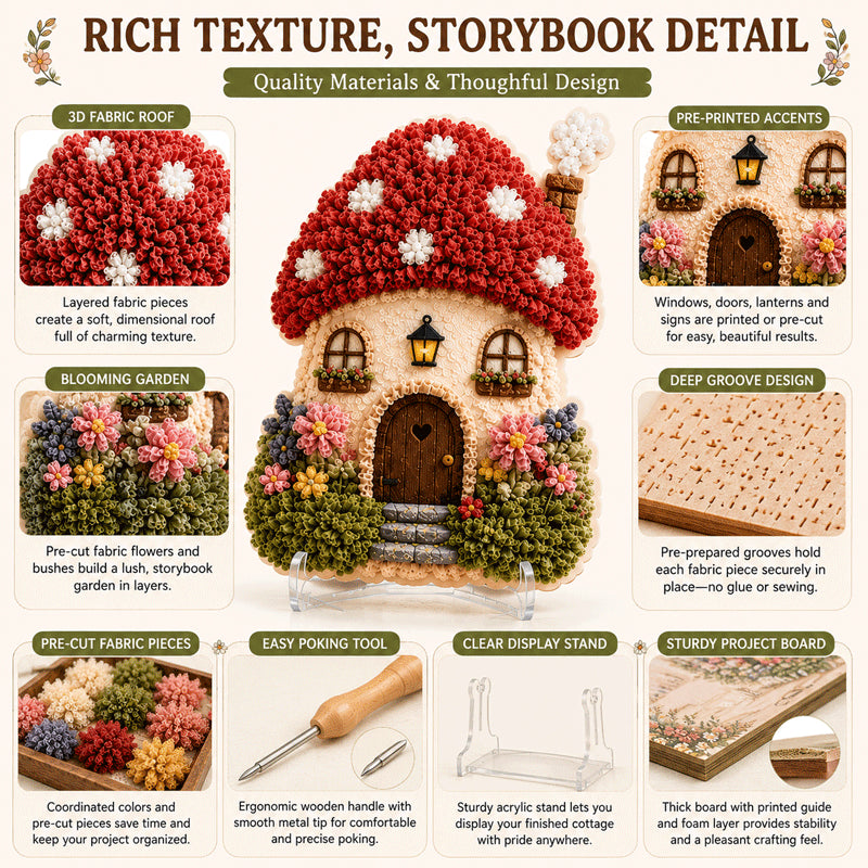 🔥🏡 Whimsical Village 3D Fabric Poke Art Kit-No-Sew Fantasy Craft with Pre-Cut Fabric Squares, Poking Tool & Display Stand