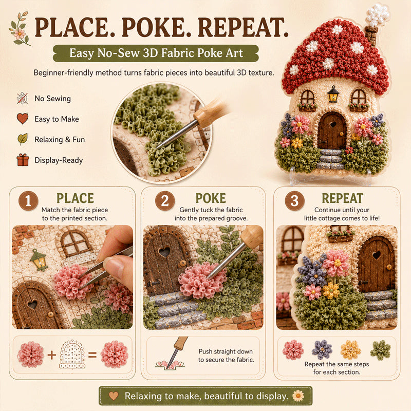 🔥🏡 Whimsical Village 3D Fabric Poke Art Kit-No-Sew Fantasy Craft with Pre-Cut Fabric Squares, Poking Tool & Display Stand
